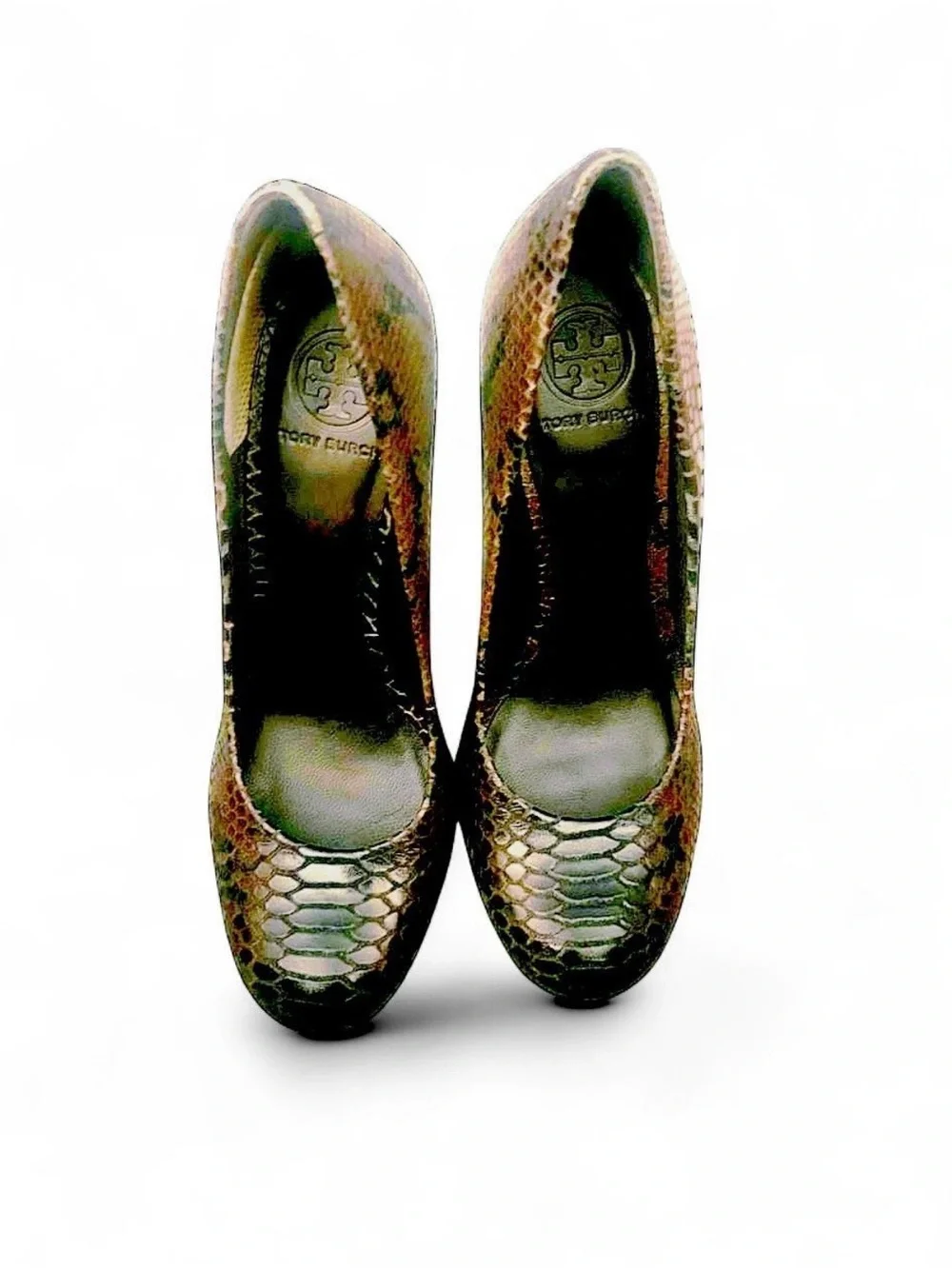Tory Burch Jude Brown Snake Print Pumps with Gold Logo Heels